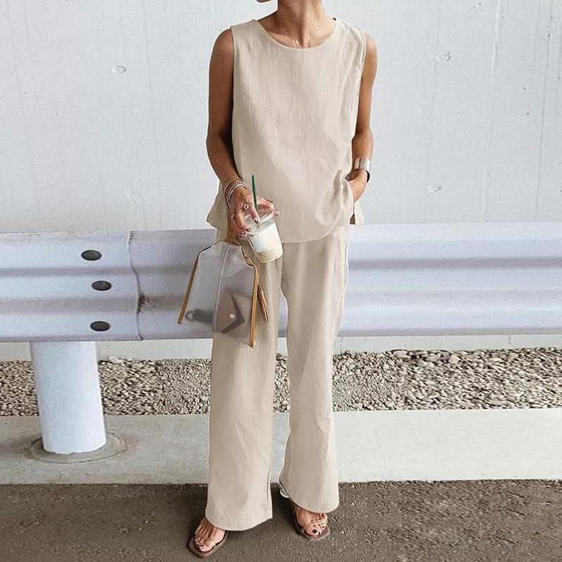 Sleeveless Split Solid Tank Top Pants Set