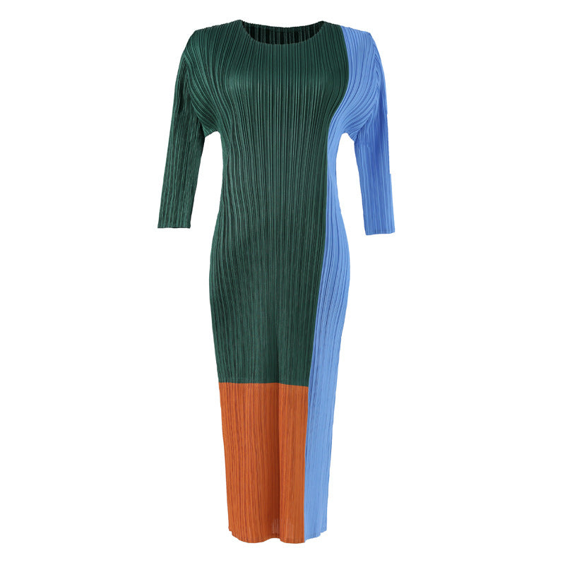 Fashion Colorblock Loose Plus Size Crew Neck Long Sleeve Straight Underwear Midi Dress