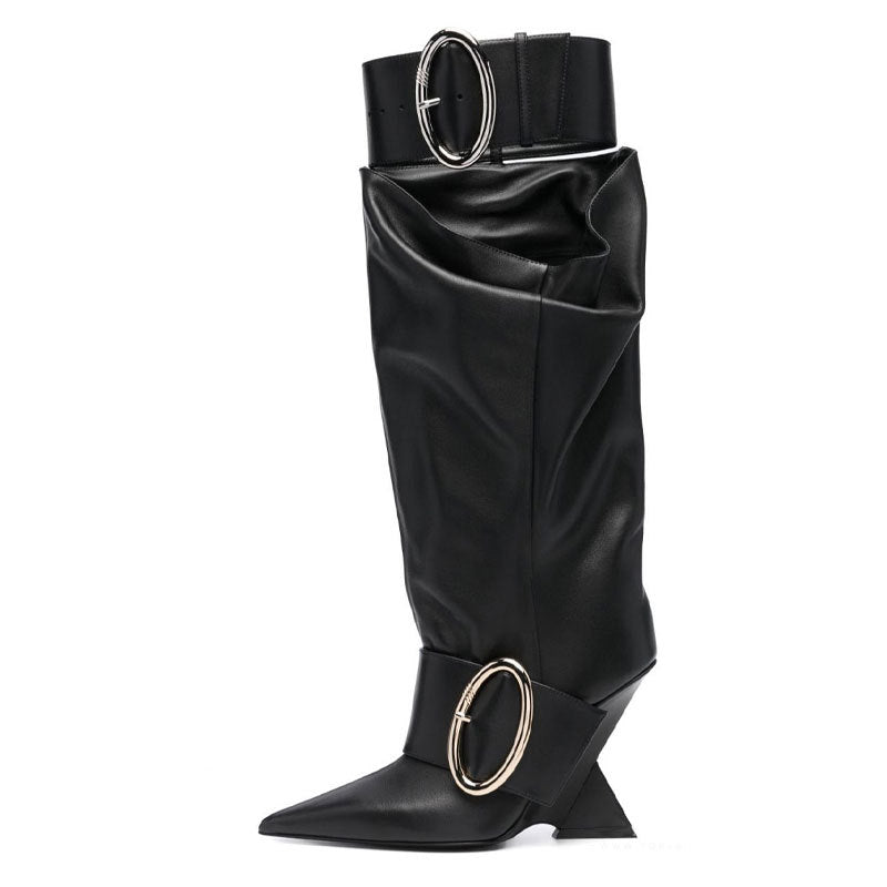 High-profile Wedge Sleeve Pointed Slip-on Strap Large Fastener Boots