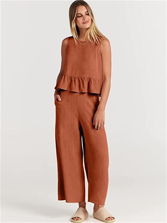 Casual Suit Summer Sleeveless Pleated Vest And Wide-leg Cropped Pants Fashion Two Piece Sets Women