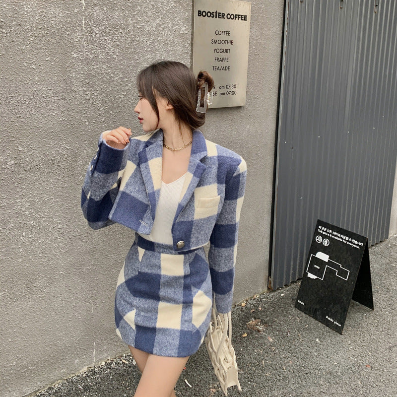 Women's Woolen Coat Salt Blue And White Check Skirt