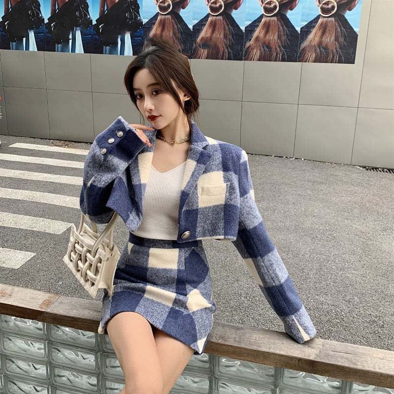 Women's Woolen Coat Salt Blue And White Check Skirt