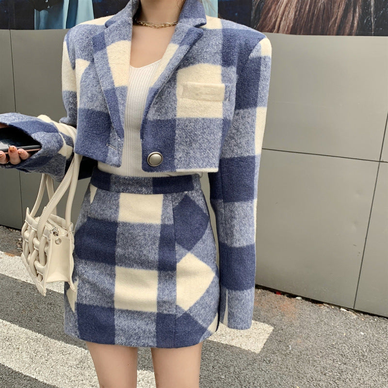 Women's Woolen Coat Salt Blue And White Check Skirt