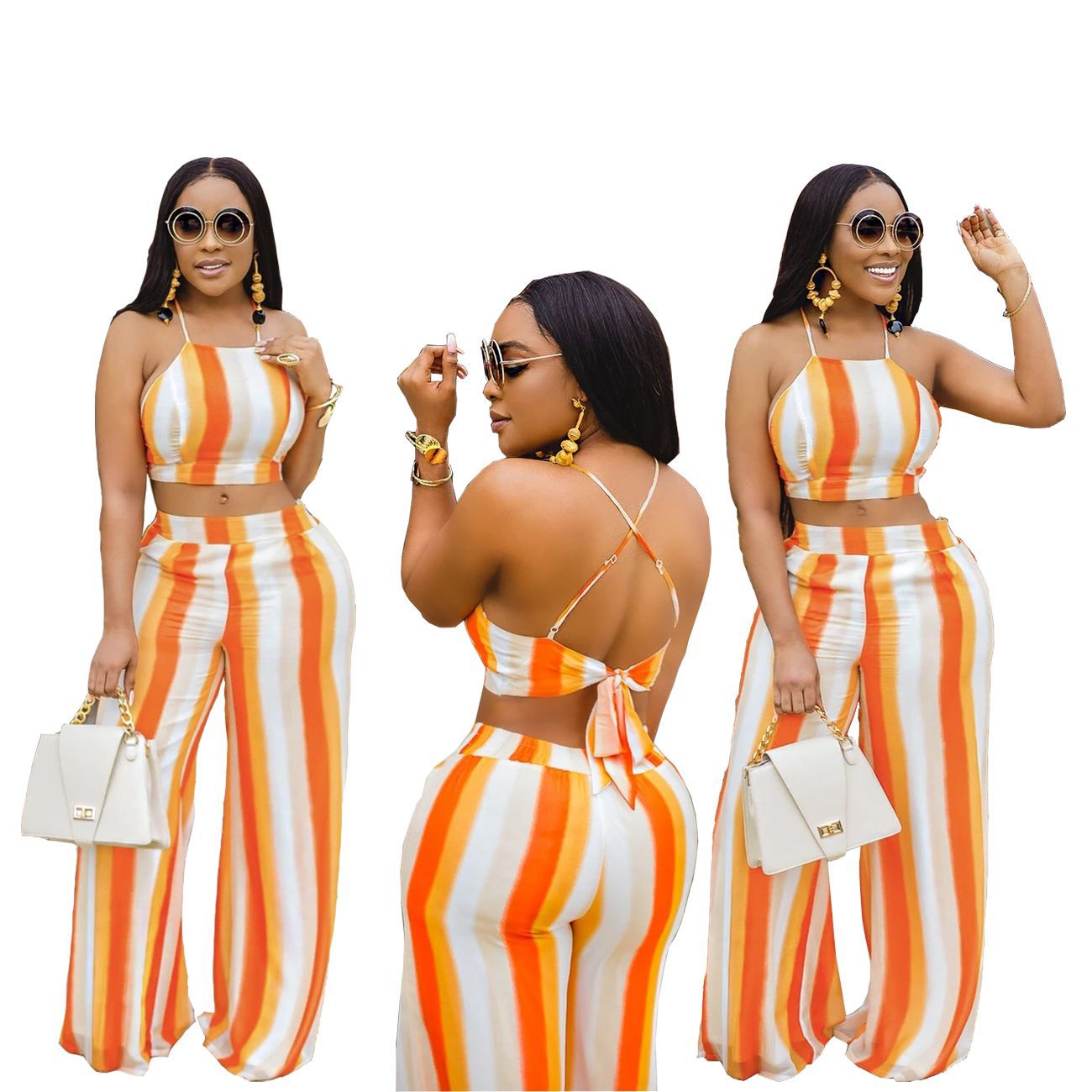 Women Summer Sexy Orange Halter Top and High Waisted Pant Fashion Style Tracksuit