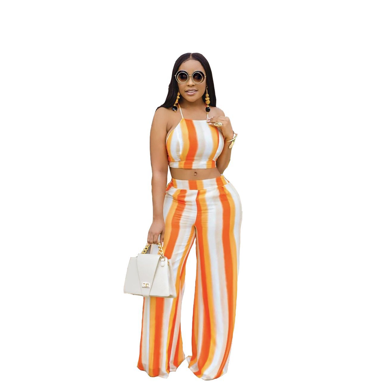 Women Summer Sexy Orange Halter Top and High Waisted Pant Fashion Style Tracksuit