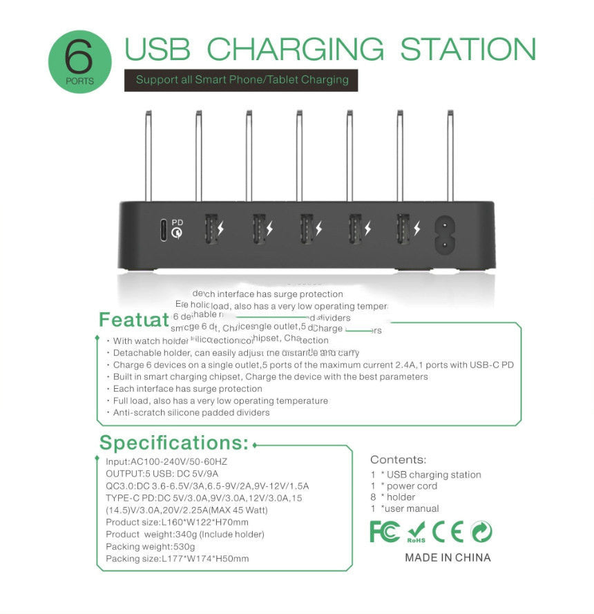 Lu57 6-Port Type-C Pd Usb Smart Charger Multi-Port Universal Fast Charging Station For Mobile Phones And Tablets