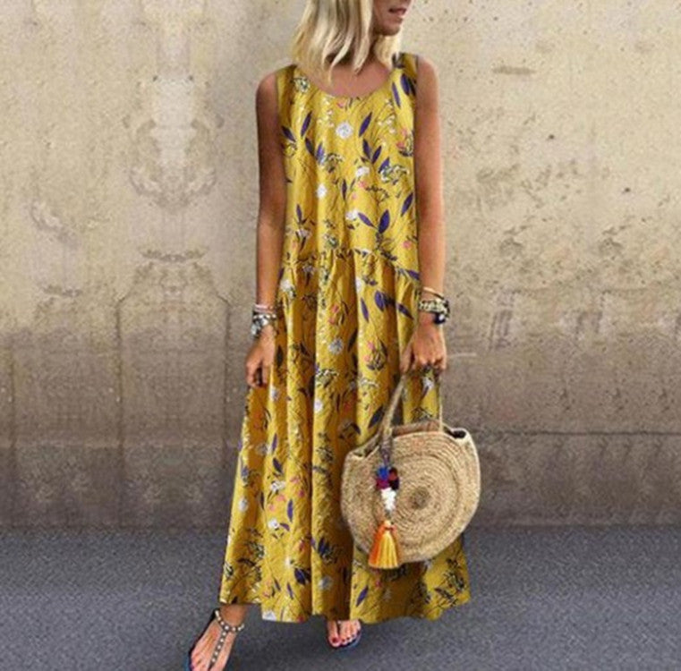 New Women's Dress Plant Print Sleeveless Dress