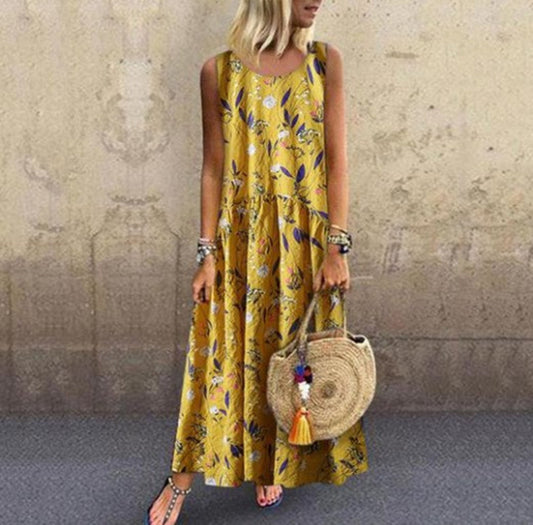 New Women's Dress Plant Print Sleeveless Dress