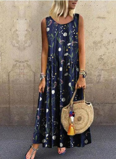 New Women's Dress Plant Print Sleeveless Dress