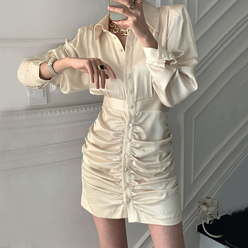 Korean Chic Niche Temperament Lapel Gloss Single-Breasted Design Waist Long Sleeves Pleated Hip Dress Women