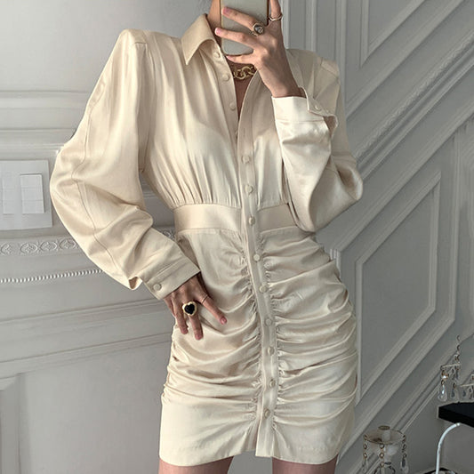 Korean Chic Niche Temperament Lapel Gloss Single-Breasted Design Waist Long Sleeves Pleated Hip Dress Women