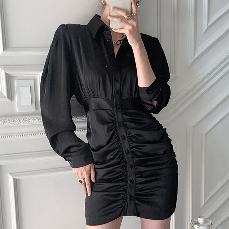 Korean Chic Niche Temperament Lapel Gloss Single-Breasted Design Waist Long Sleeves Pleated Hip Dress Women