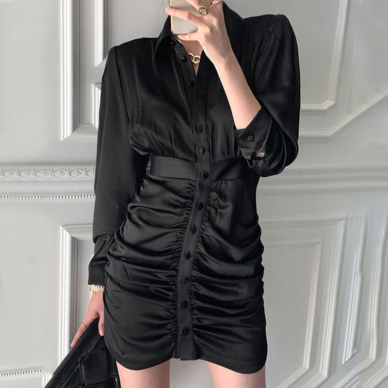 Korean Chic Niche Temperament Lapel Gloss Single-Breasted Design Waist Long Sleeves Pleated Hip Dress Women