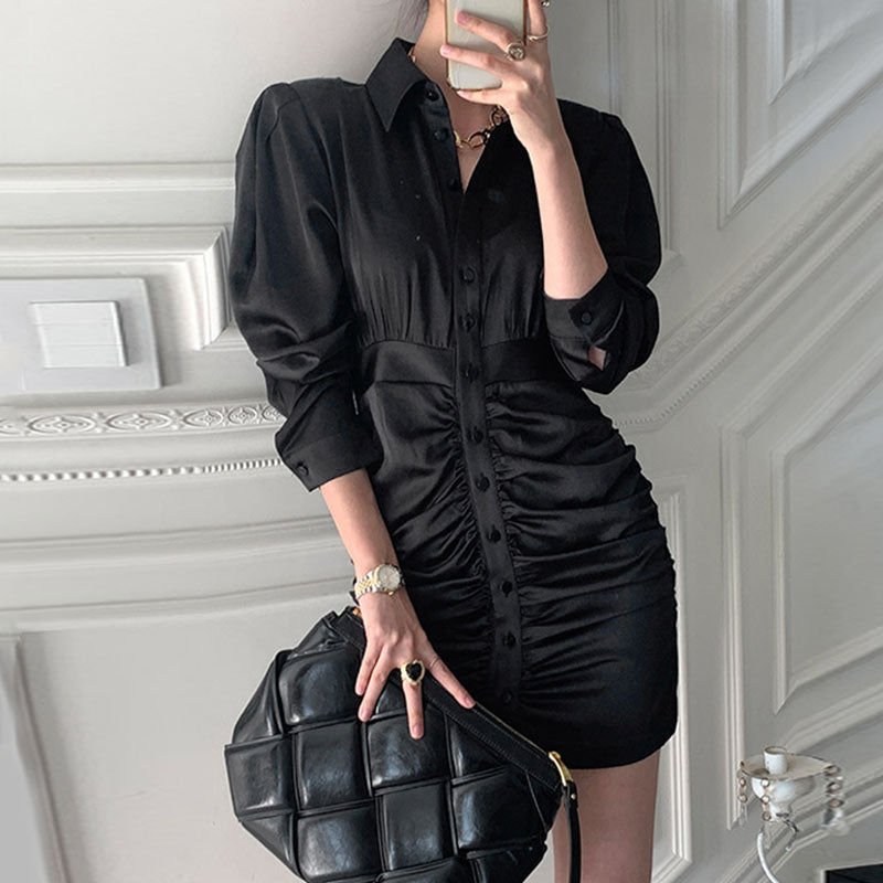 Korean Chic Niche Temperament Lapel Gloss Single-Breasted Design Waist Long Sleeves Pleated Hip Dress Women