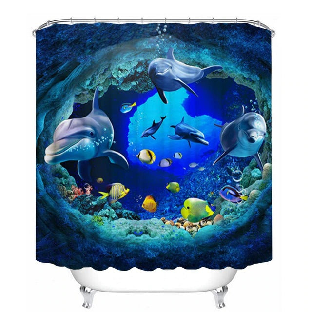 Three-Piece Bathroom Shower Curtain Waterproof And Mildew Proof Polyester Bathroom Curtain 3D Dolphin