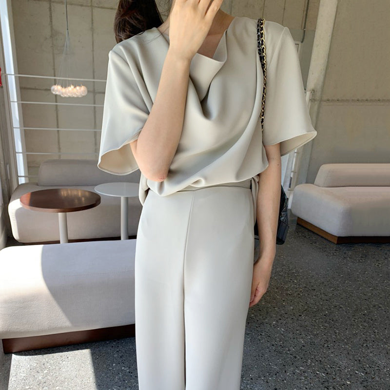 Pile Collar Loose Short Sleeved Shirt And High-waist Casual Wide-leg Pants Trousers Suit Women