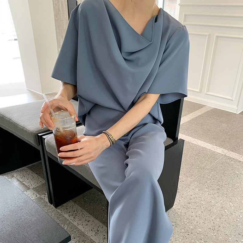 Pile Collar Loose Short Sleeved Shirt And High-waist Casual Wide-leg Pants Trousers Suit Women