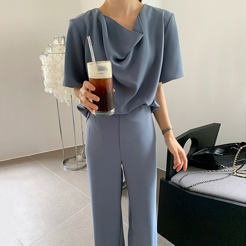 Pile Collar Loose Short Sleeved Shirt And High-waist Casual Wide-leg Pants Trousers Suit Women