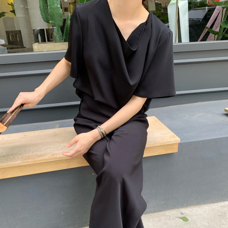 Pile Collar Loose Short Sleeved Shirt And High-waist Casual Wide-leg Pants Trousers Suit Women