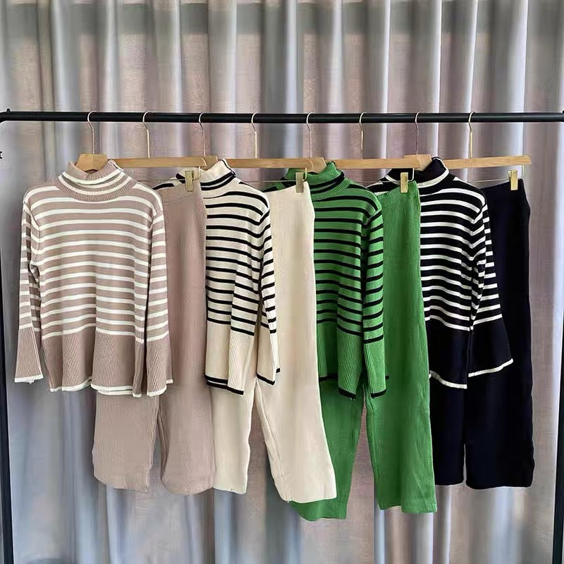 Striped Knitted Sweater High Waist Drooping Straight Casual Knitted Wide-leg Pants Two-piece Set