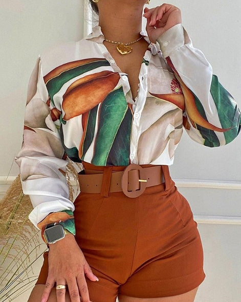 Printed Stand Collar Long Sleeve Shirt Top Drawstring Shorts Suit