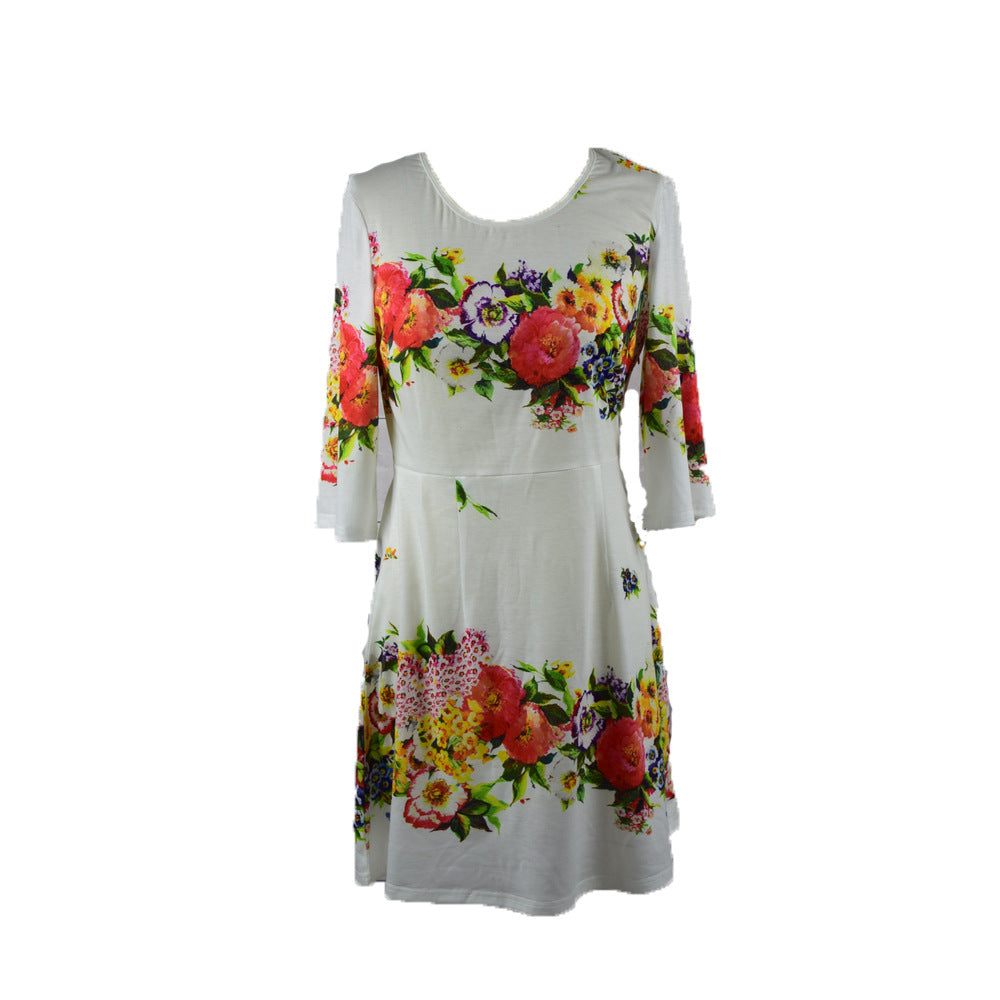 Pastoral print round neck dress