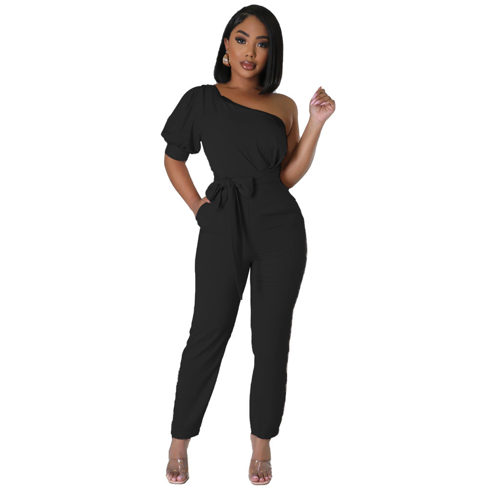 Fashion One Shoulder High Waist Slim Tapered Women's Jumpsuit