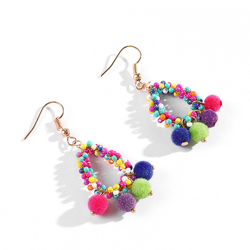 European And American Creative Design Rice Beads Hair Ball Handmade Earrings