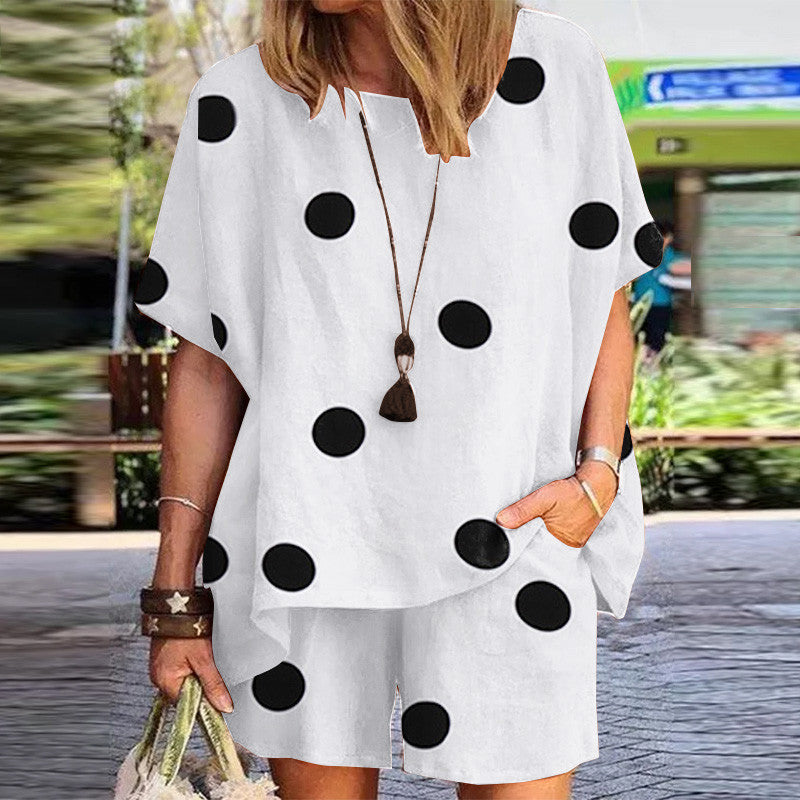 Polka Dot Print Crew Neck Loose Short Sleeve Shorts Two-Piece Set