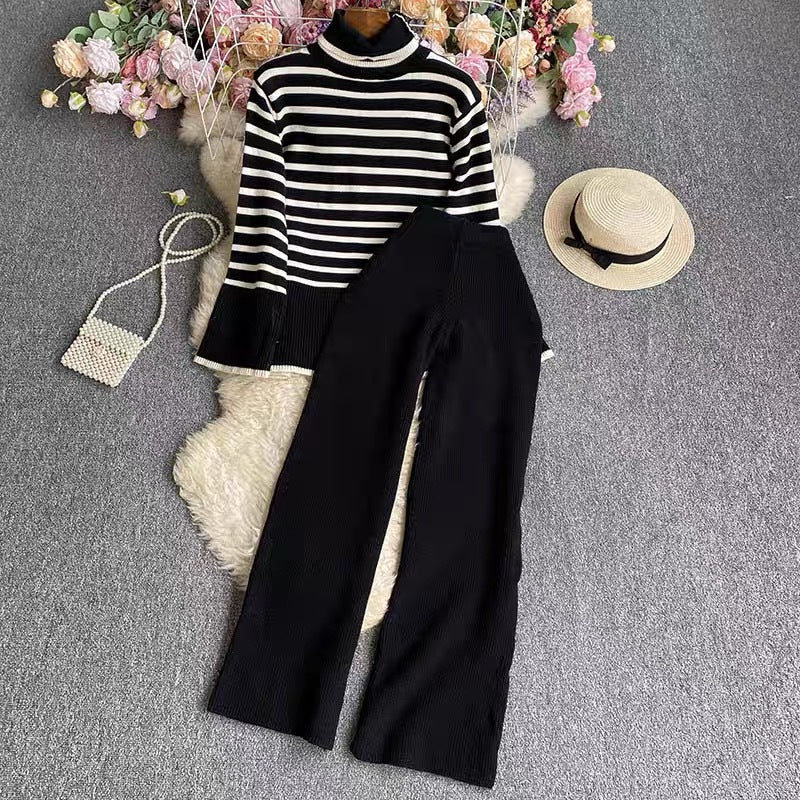 Striped Knitted Sweater High Waist Drooping Straight Casual Knitted Wide-leg Pants Two-piece Set