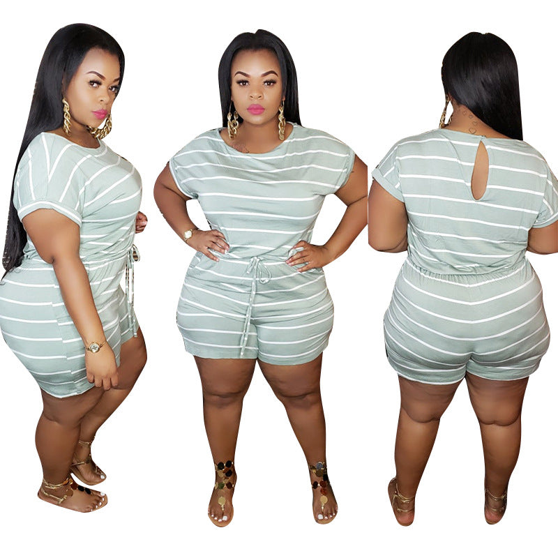 Loose Design Striped Digital Printing Plus Size Women's One-piece Shorts