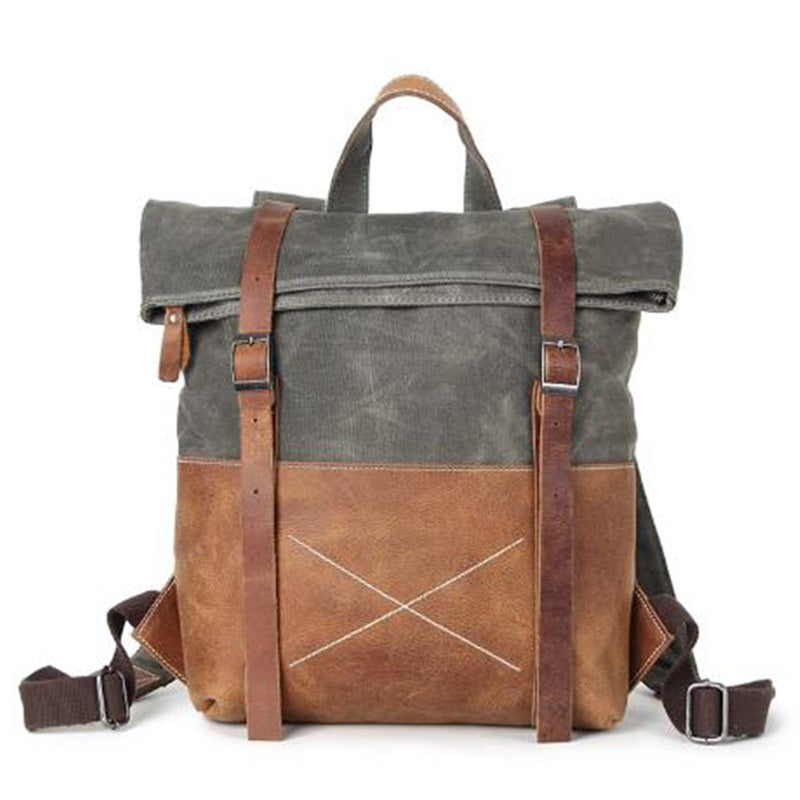 Wear-resistant Oil Wax Canvas Backpack With Top Layer Leather Travel Bag