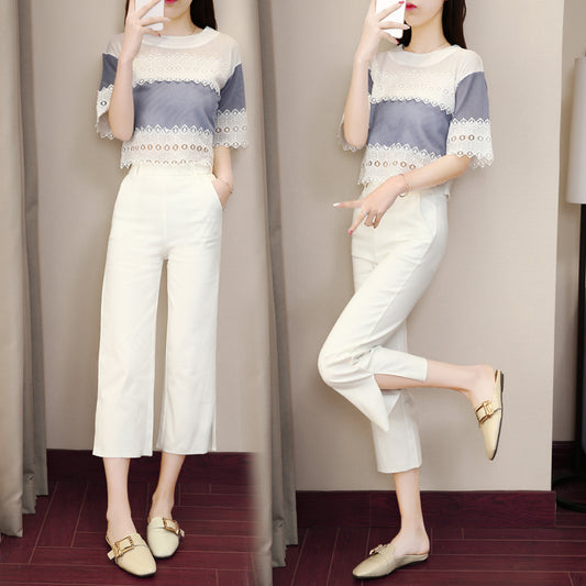 summer new female fashion suit spring and autumn fashion Korean version of temperament, slim waist waist leg pants two sets