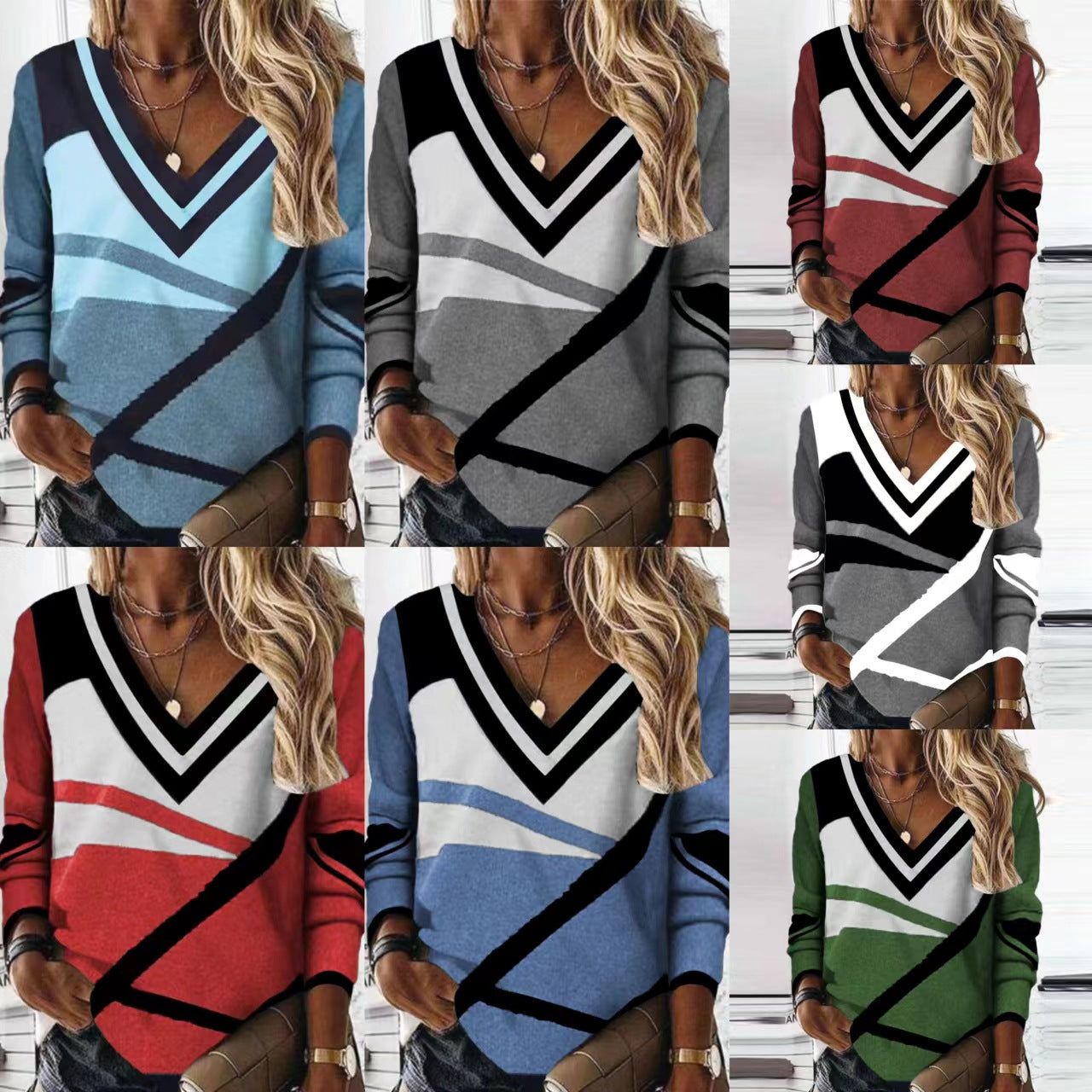 Women's Clothing V-collar Contrast Color Geometric Print Elegant Loose Long Sleeve