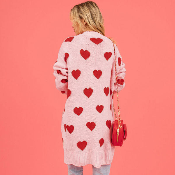 Heart Knitted Cardigan Love Pocket V-neck Mid-length Coat