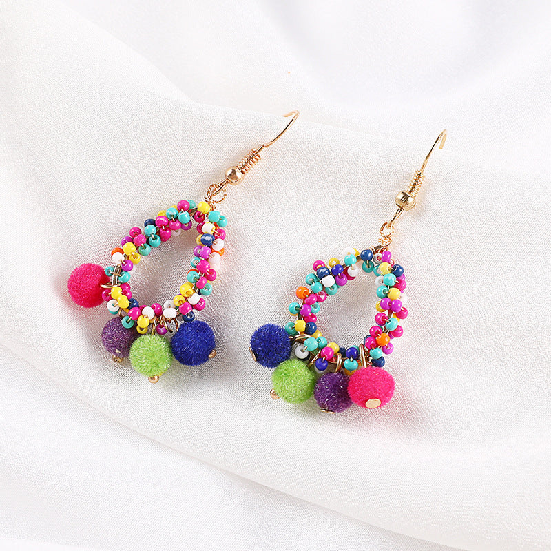 European And American Creative Design Rice Beads Hair Ball Handmade Earrings