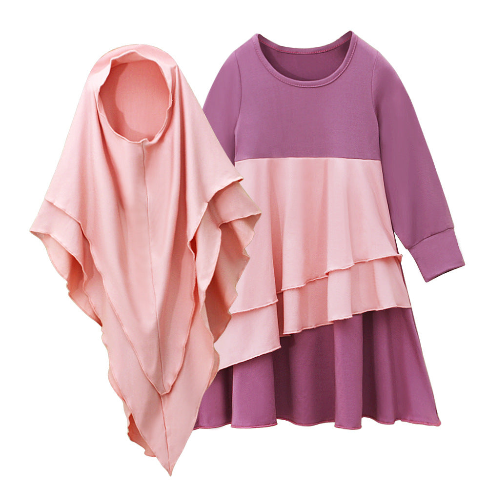 Girls' Spring And Autumn Long Sleeve Color Matching Flounce Dress Headscarf