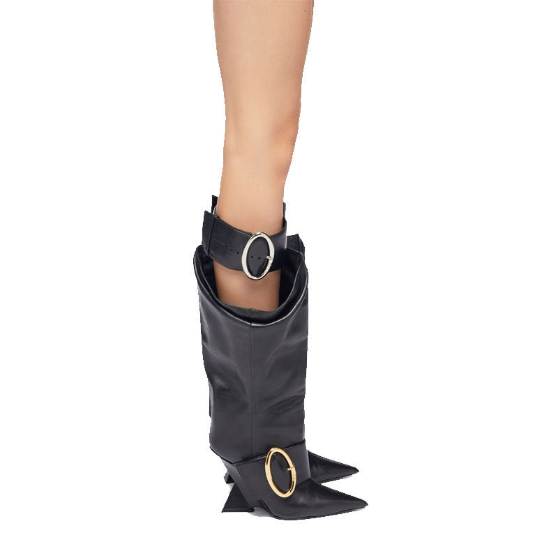 High-profile Wedge Sleeve Pointed Slip-on Strap Large Fastener Boots