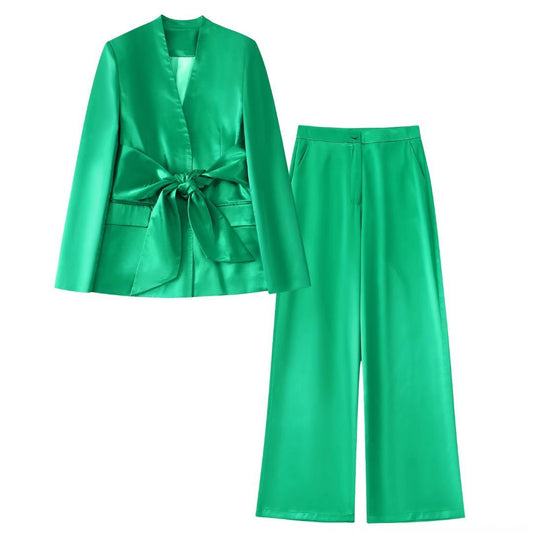 Silk Satin Blazer Straight Leg Trousers Set