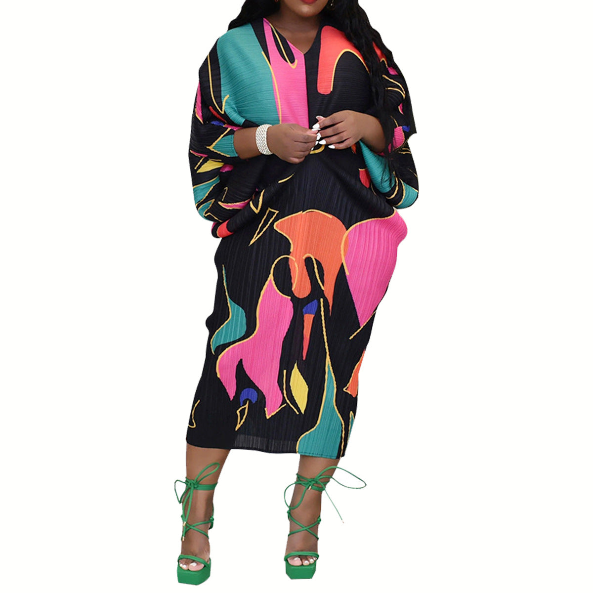 Plus Size Women's Amoi Pleated Positioning Printed Batwing Sleeve Dress