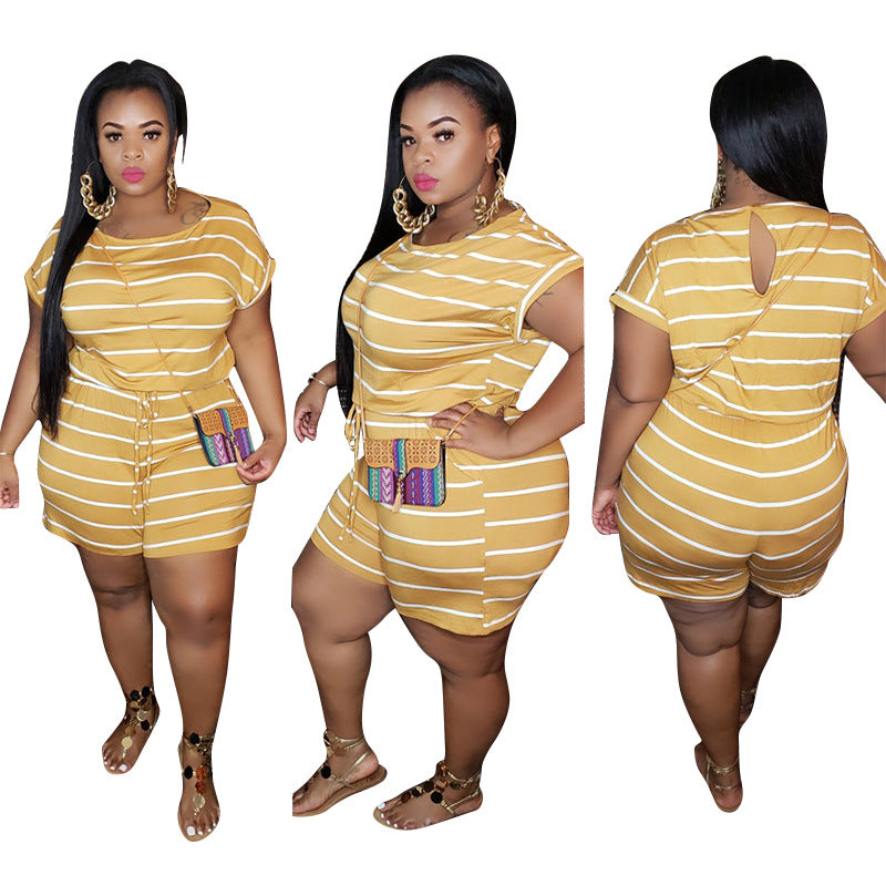 Loose Design Striped Digital Printing Plus Size Women's One-piece Shorts