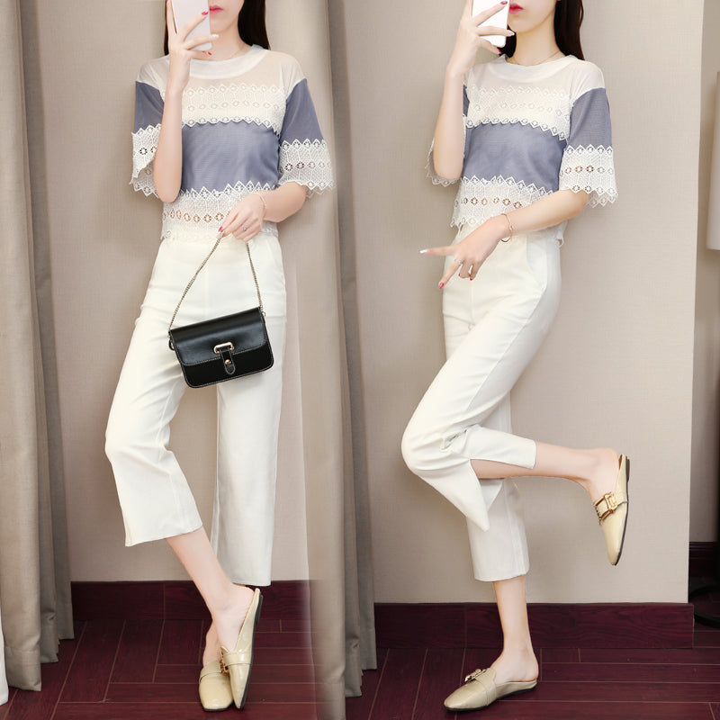 summer new female fashion suit spring and autumn fashion Korean version of temperament, slim waist waist leg pants two sets