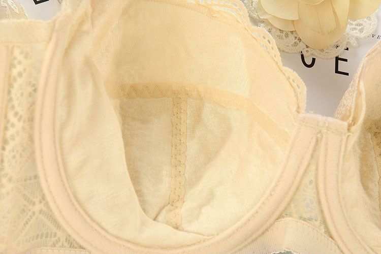 Back Button Thin Cotton Cup Lace Flower Edge Support Gathering Bra