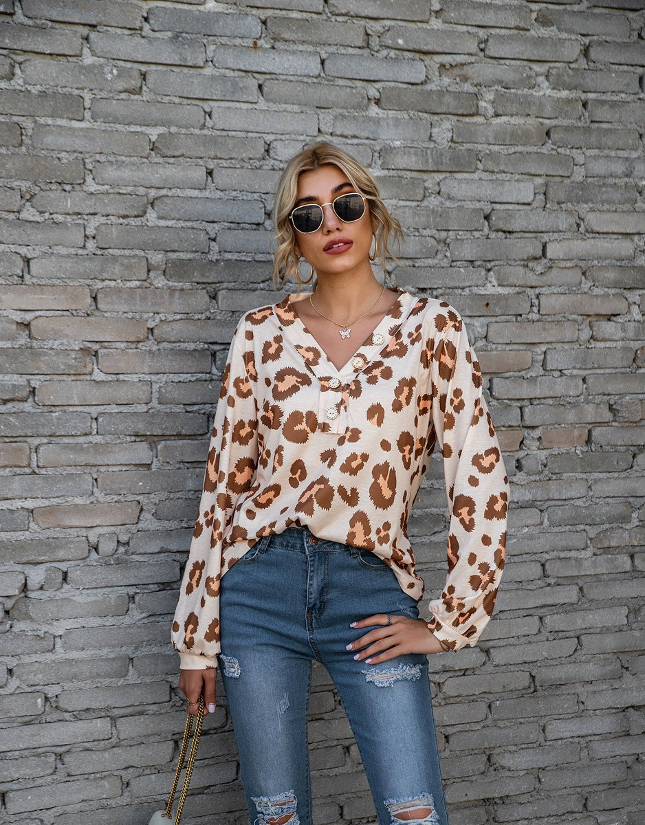 Leopard Print Printed V-neck Off-the-shoulder Long Sleeve T-shirt