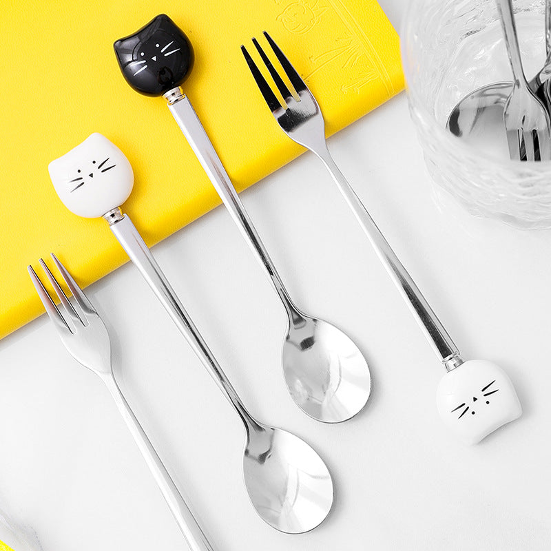 Creative Stainless Steel Spoon Ceramic Handle Stainless Steel Fruit Fork Ice Cream Spoon Simple Soup Spoon Coffee Spoon