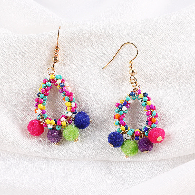 European And American Creative Design Rice Beads Hair Ball Handmade Earrings