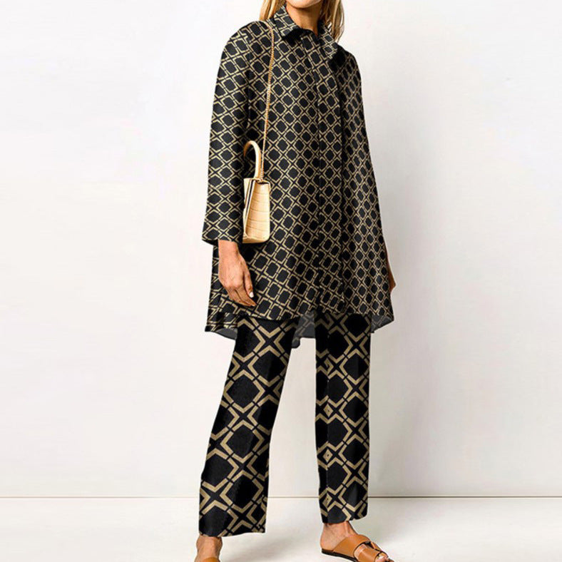 Printed Loose Long Sleeves Wide Leg Pants Fashion Suit