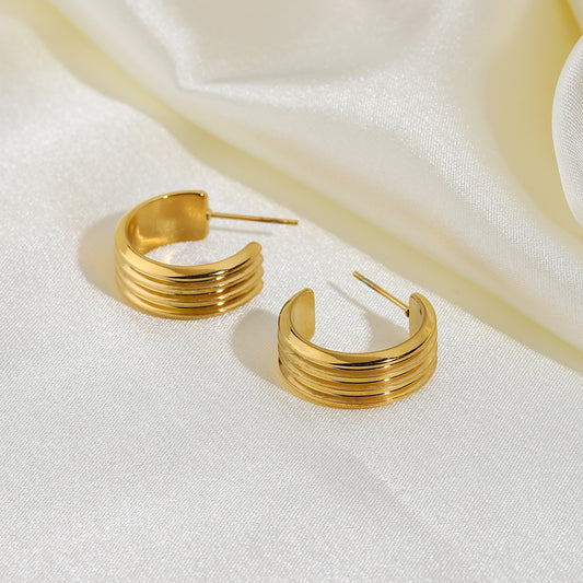 18K Vacuum Gold Plated L Stainless Steel Three-layer C Shape Tire Earrings