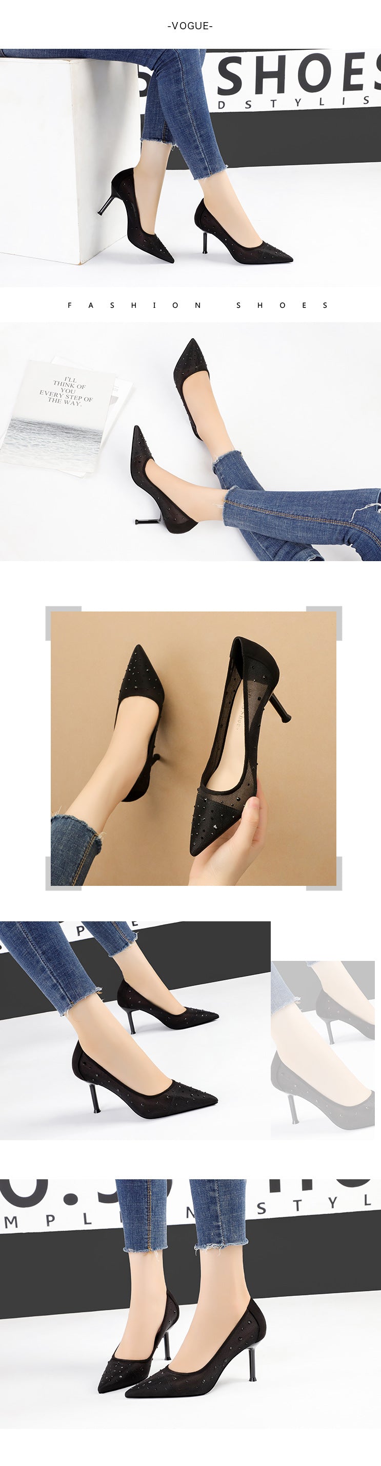 Korean Fashion Pointed Toe Rhinestone High Heels Mesh Stiletto Heel