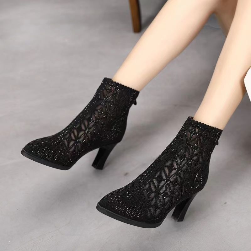 High Heel Mesh Boots Hollow-out Single Boots Pointed Toe Rhinestone Mesh